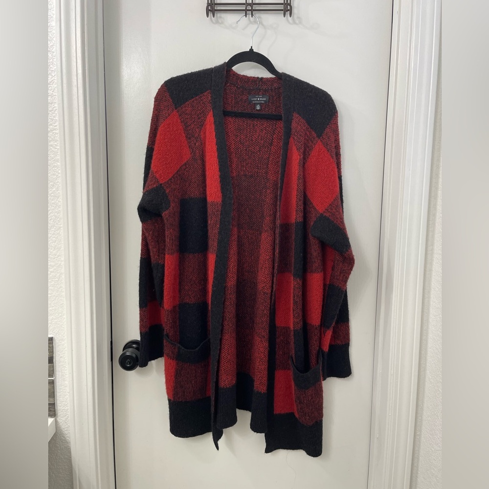 Lucky Brand Red and Black Plaid Cardigan